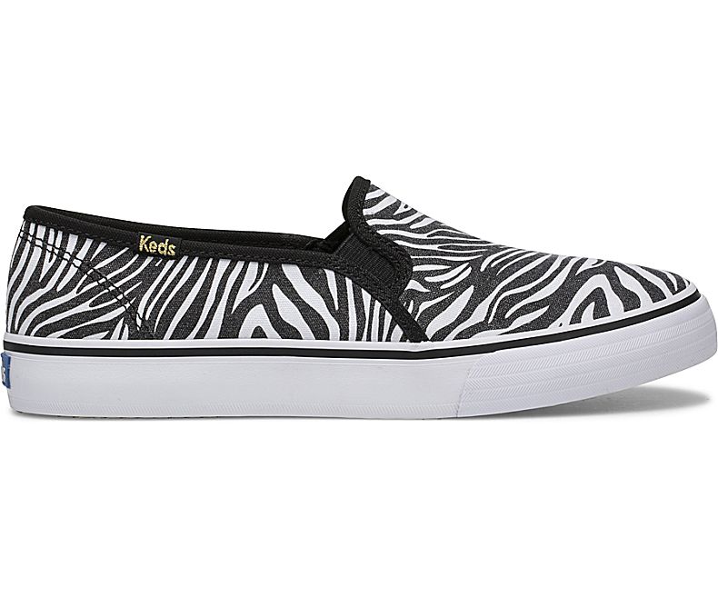 Keds Womens White Black Slip On Shoes - Keds Double Decker Zebra 260JGTHBC